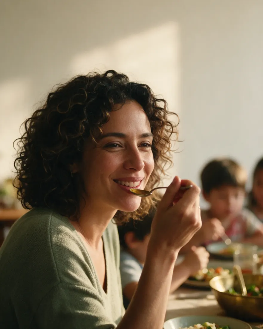 Mujer almorzando en familia, sonriendo con la cuchara a medio camino