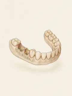 Ilustración de la fase 1: arcada con dientes faltantes y una pieza partida