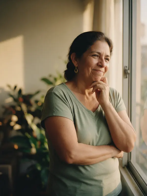 Mujer pensativa junto a la ventana de su sala, con media sonrisa