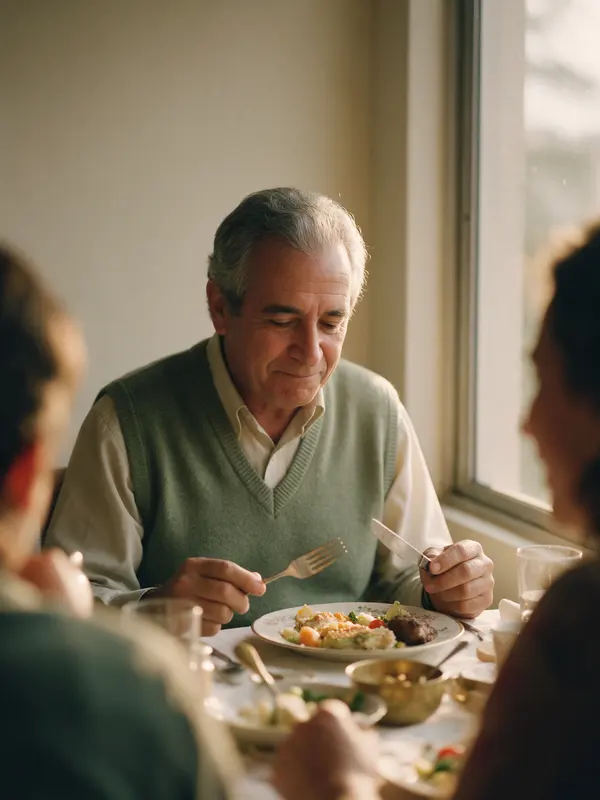 Hombre mayor mirando su plato con los cubiertos quietos en un almuerzo familiar
