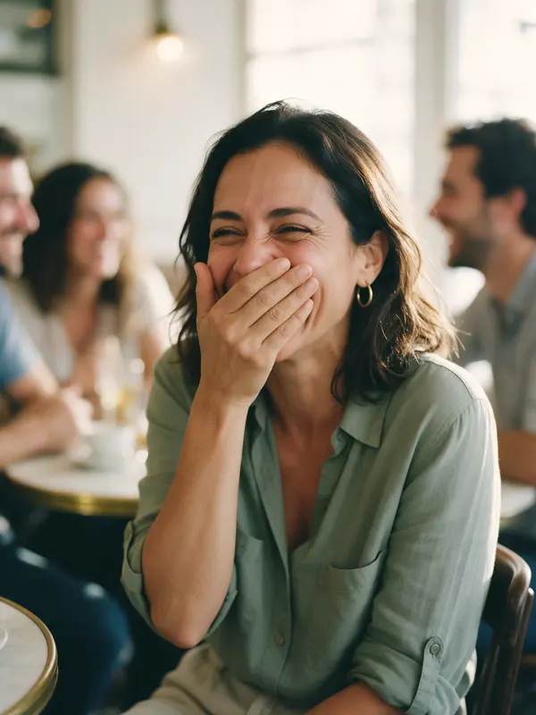 Mujer riéndose con la mano sobre la boca en un café con amigos
